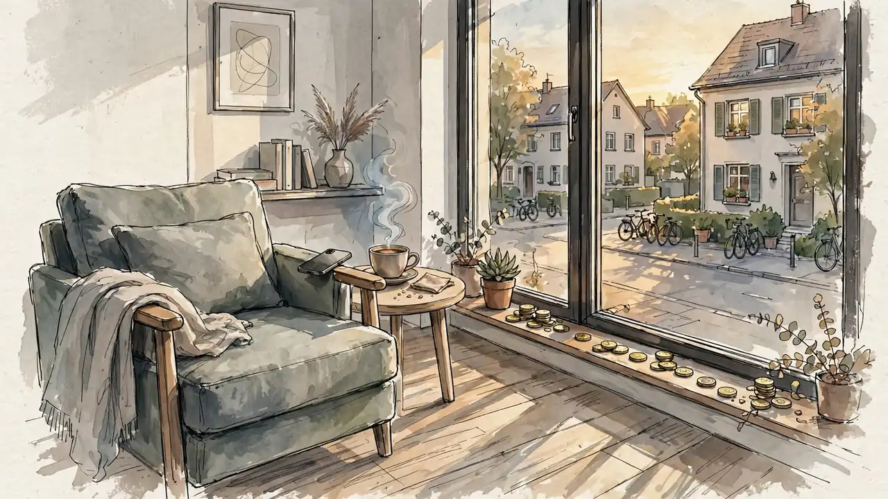 Helles deutsches Wohnzimmer mit Sessel, Smartphone und Kaffee bei Sonnenuntergang