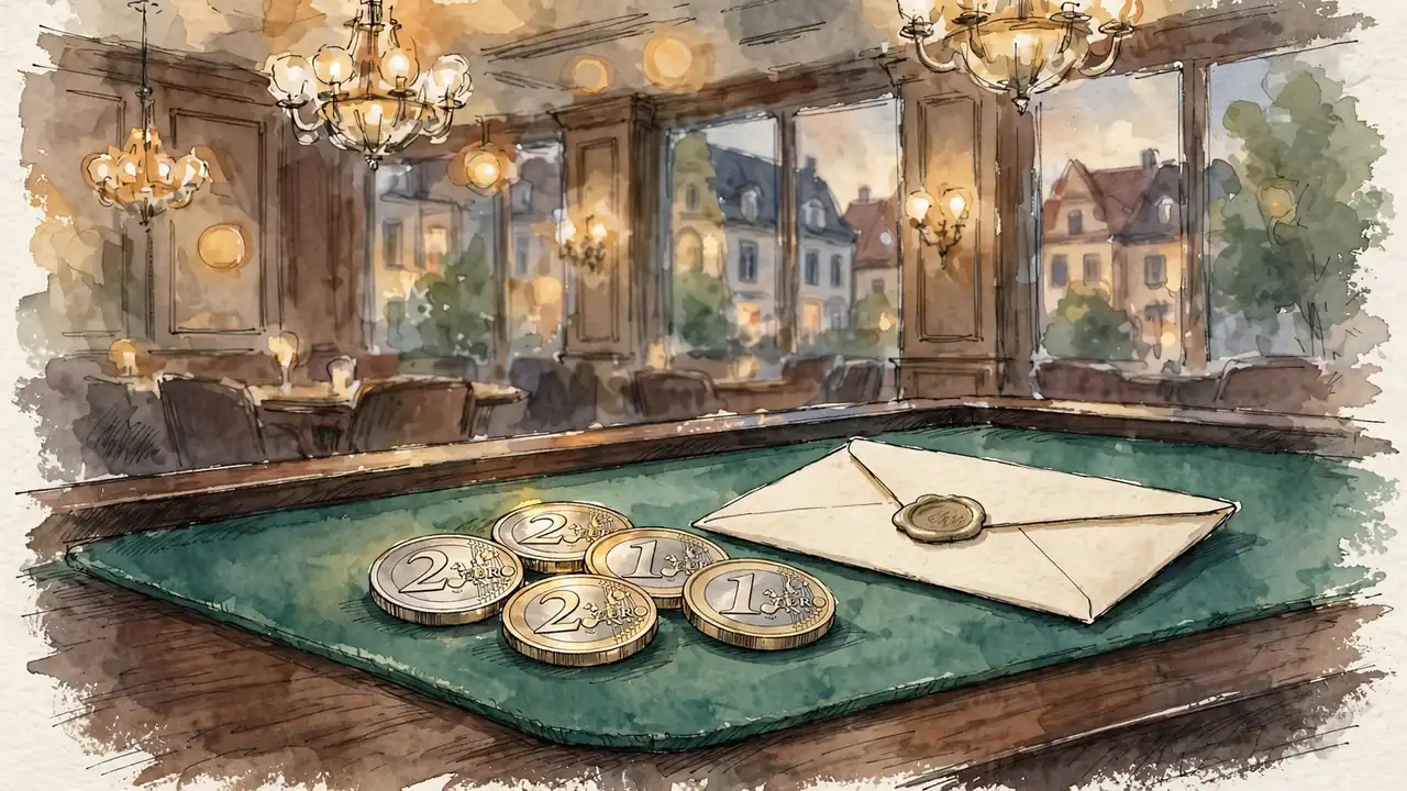 Fünf Euro-Münzen neben einem versiegelten Umschlag auf grünem Filz in einer warm beleuchteten Casino-Lounge.