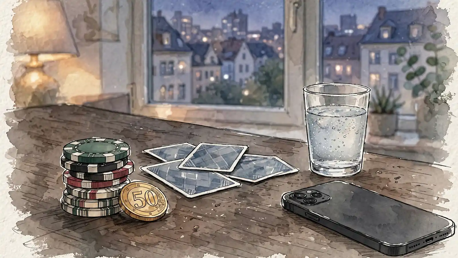 Casino-Chips und goldene 50-Euro-Münze auf einem Tisch mit Smartphone.