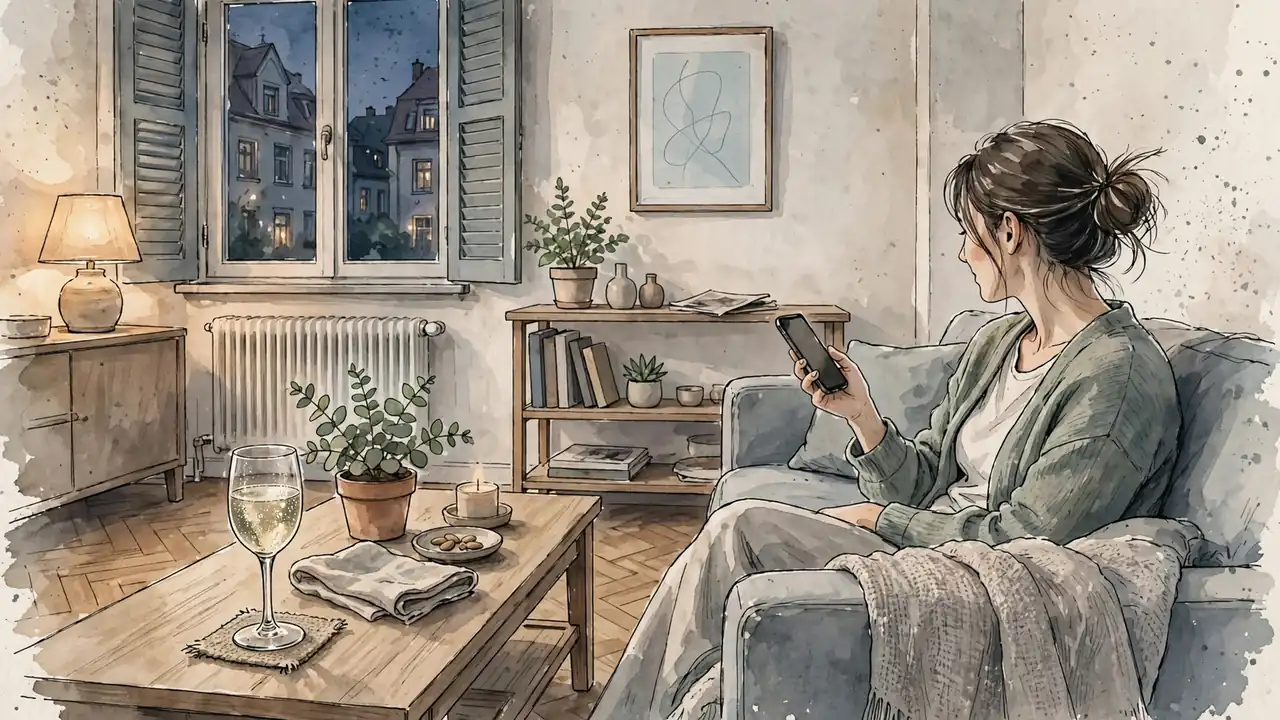 Gemütlicher Abend zu Hause mit Smartphone und Sekt