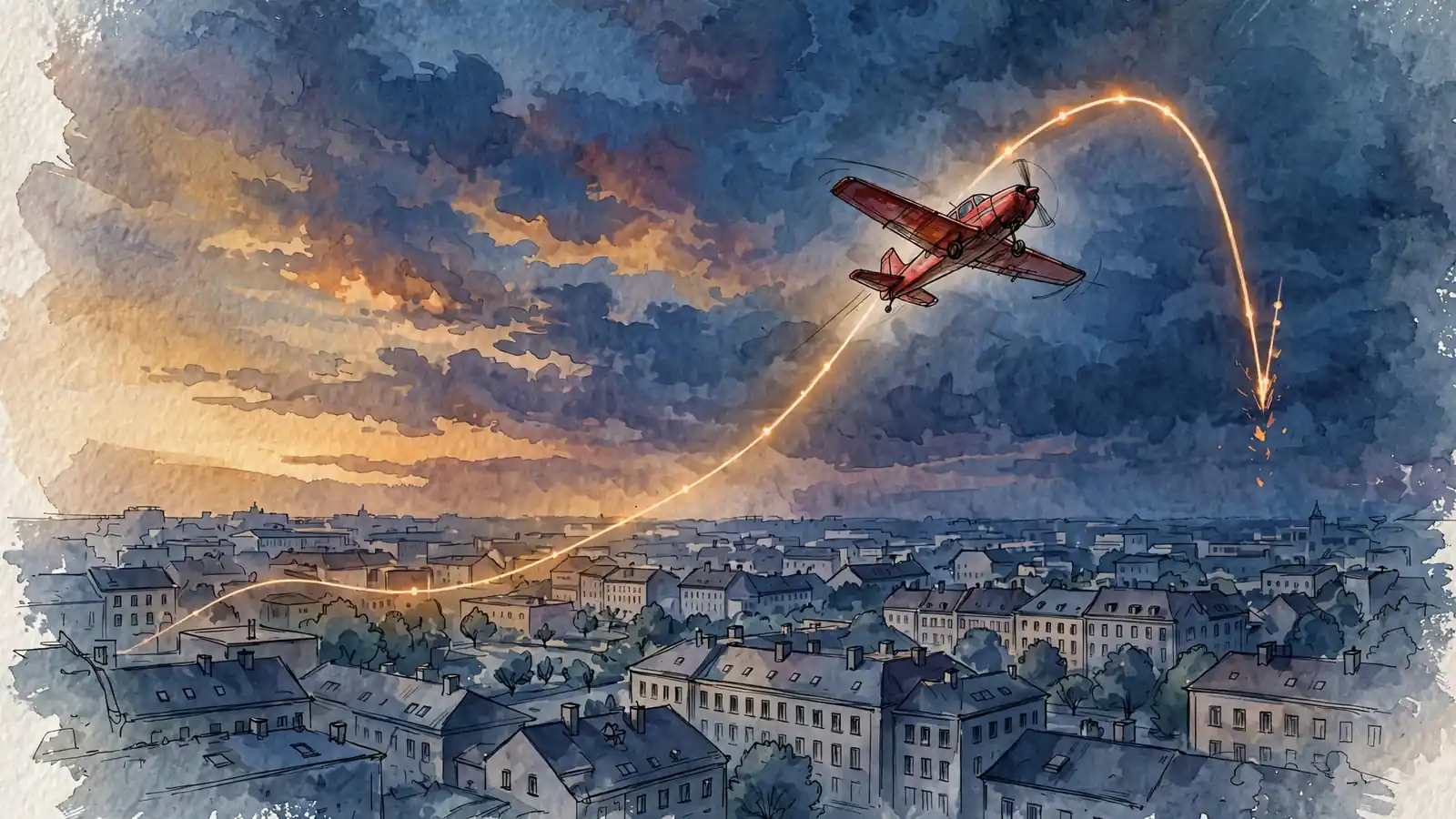 Rotes Propellerflugzeug steigt in den Abendhimmel über einer deutschen Stadt mit Multiplikator-Kurve