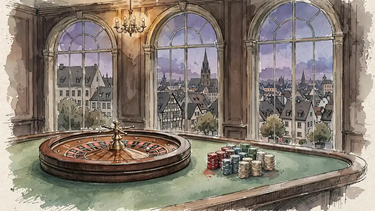 Roulette-Tisch mit Spielchips vor einer deutschen Stadtansicht in der Abenddämmerung