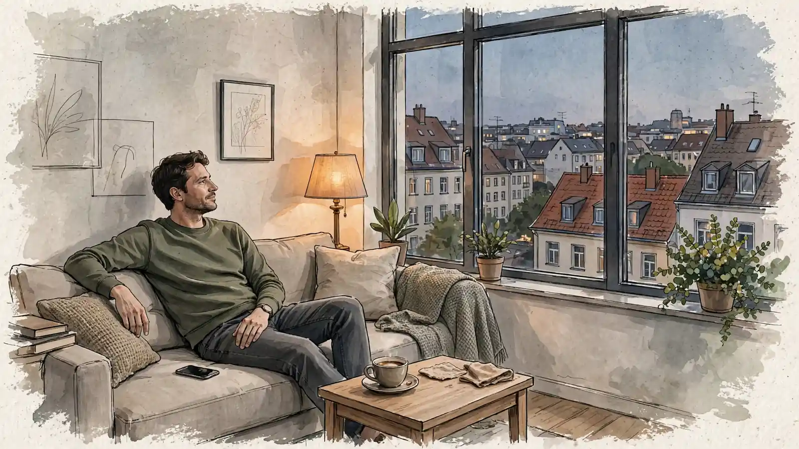 Abendliche Szene in einer deutschen Wohnung mit Person und Smartphone