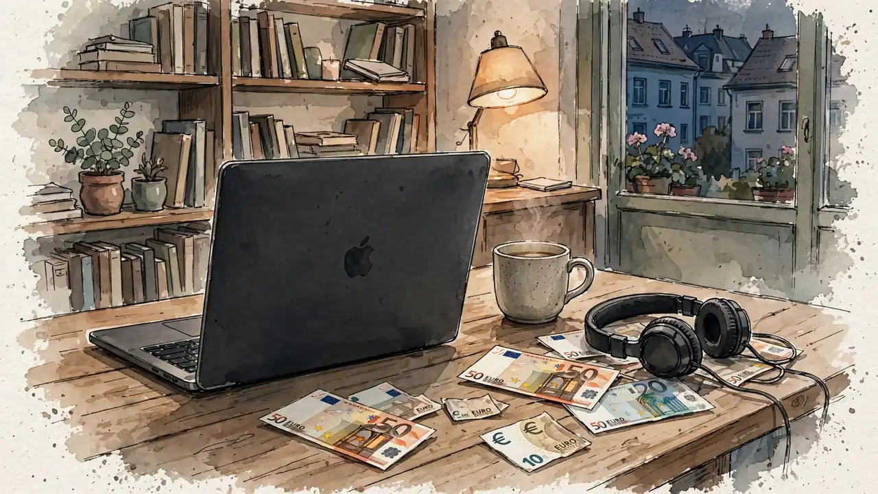 Offener Laptop auf Schreibtisch mit Euro-Scheinen und Kopfhörer