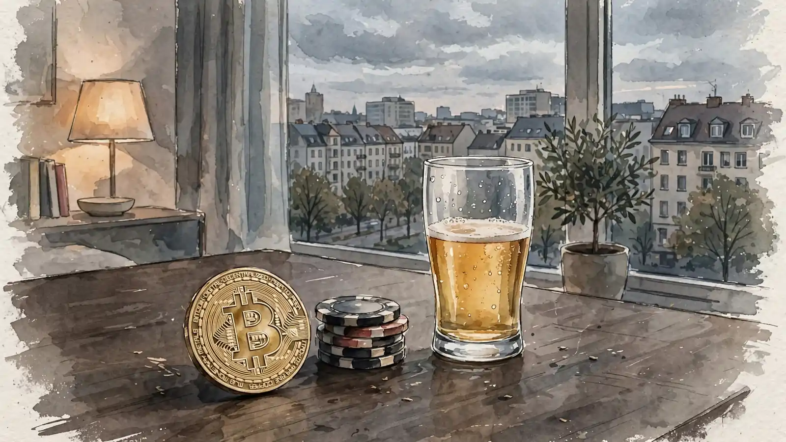Goldene Bitcoin-Münze neben Casino-Jetons auf einem Tisch in Berliner Wohnung