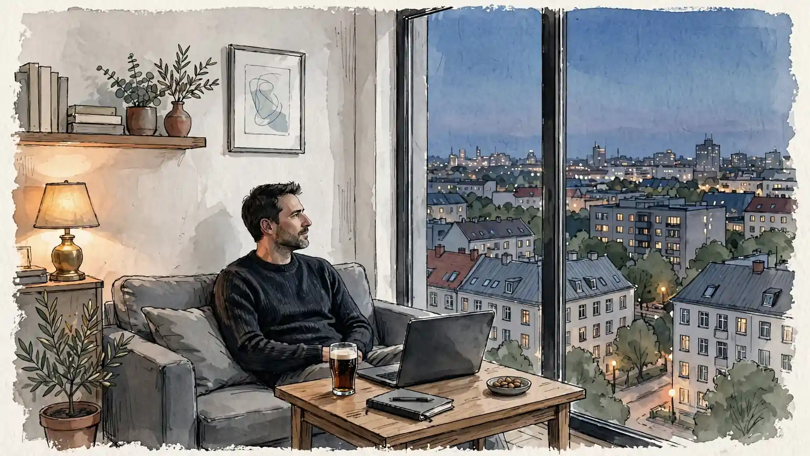 Mann auf Sofa in Berliner Wohnung bei Dämmerung mit Laptop und Bier.