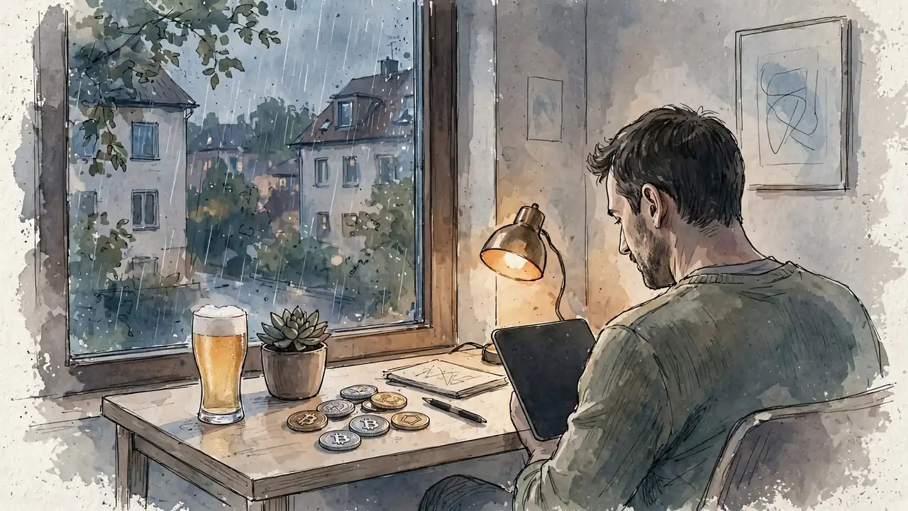Person sitzt abends an minimalistischem Schreibtisch mit Tablet und Krypto-Münzen neben einem Bierglas.