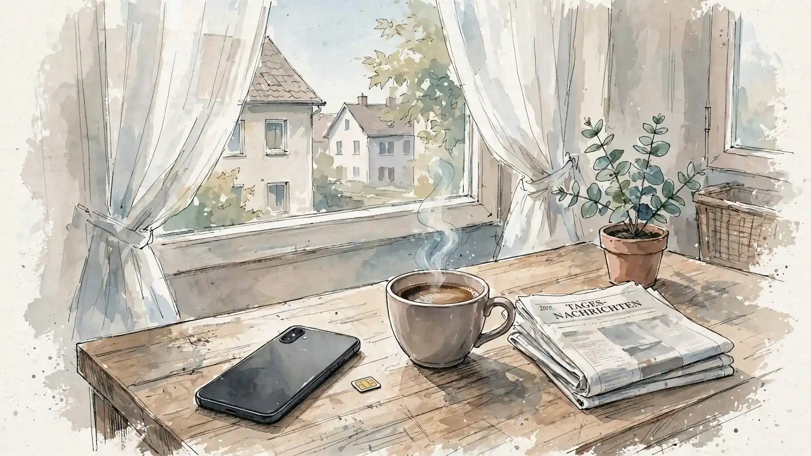 Smartphone mit SIM-Karte auf einem Holztisch in einer hellen deutschen Wohnung bei Tageslicht.