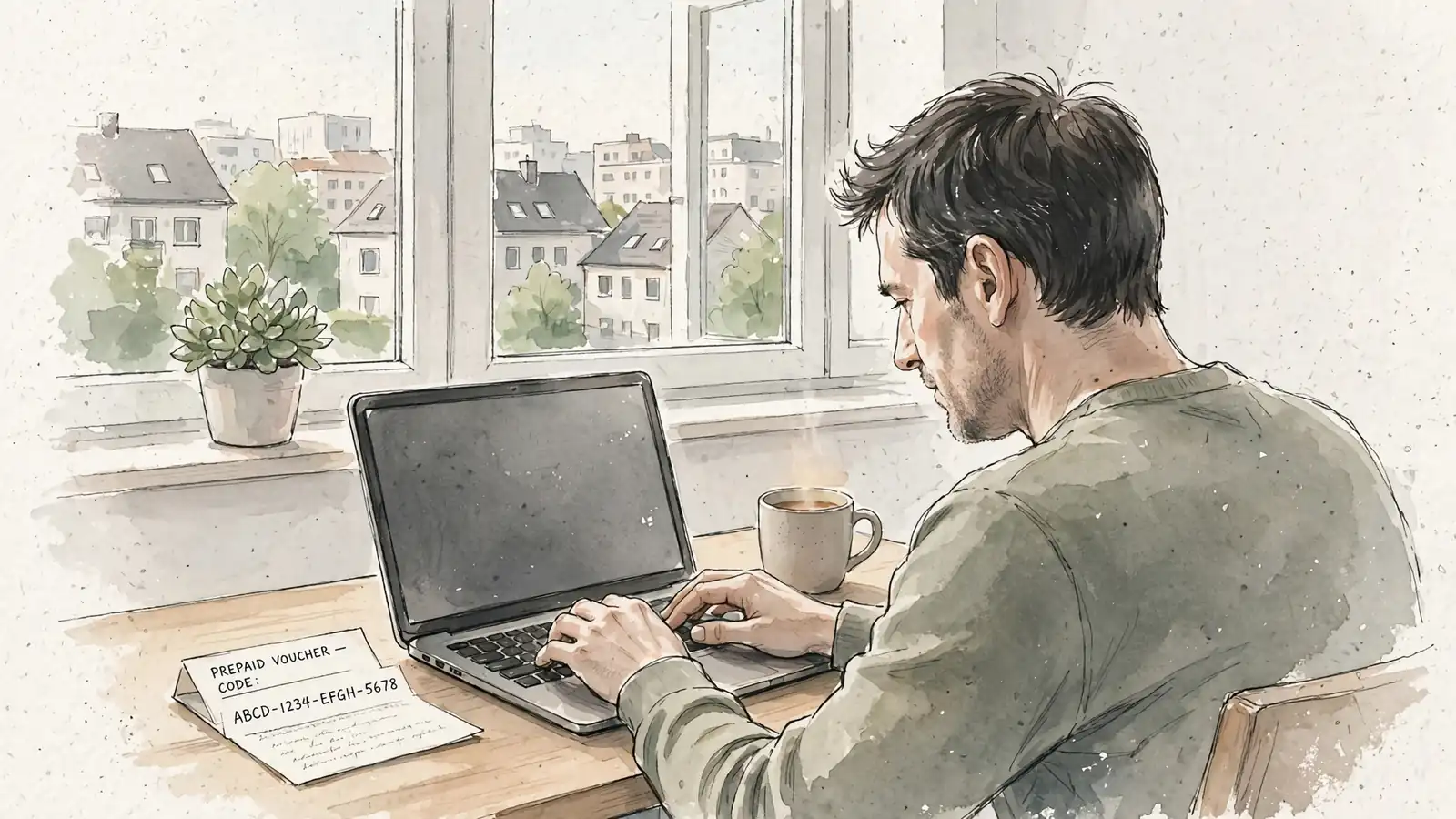Spieler löst in moderner deutscher Wohnung einen Prepaid-Gutschein-Code am Laptop ein
