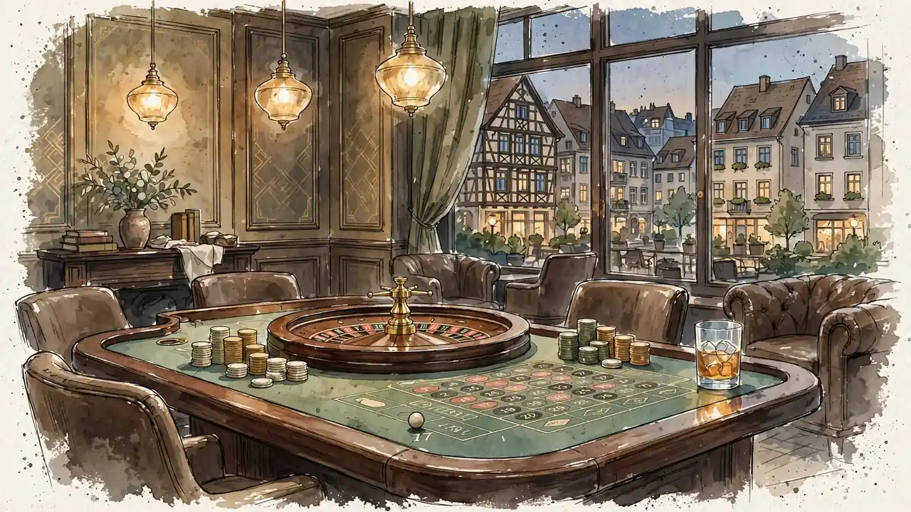 Stilvolles Casino-Interieur mit Roulette-Tisch, Chips und Whiskeyglas unter warmer Beleuchtung.
