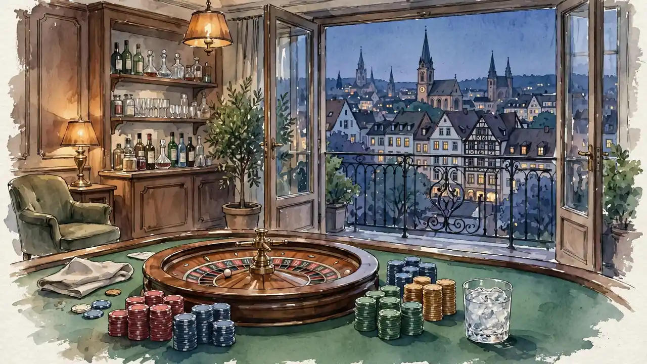 Eleganter Casino-Salon bei Dämmerung mit Roulette-Tisch, Chips und Blick auf deutsche Stadtsilhouette