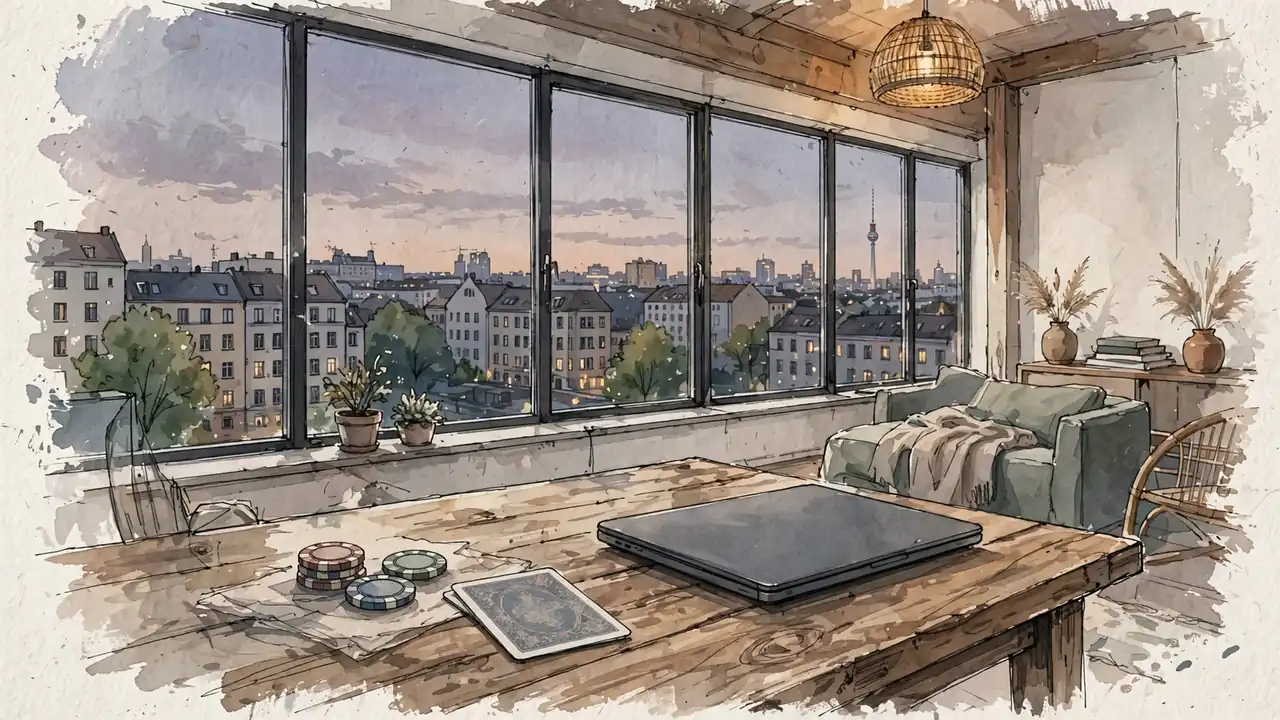 Modernes Apartment mit Casino-Chips, Karte und geschlossenem Laptop bei Abendlicht.