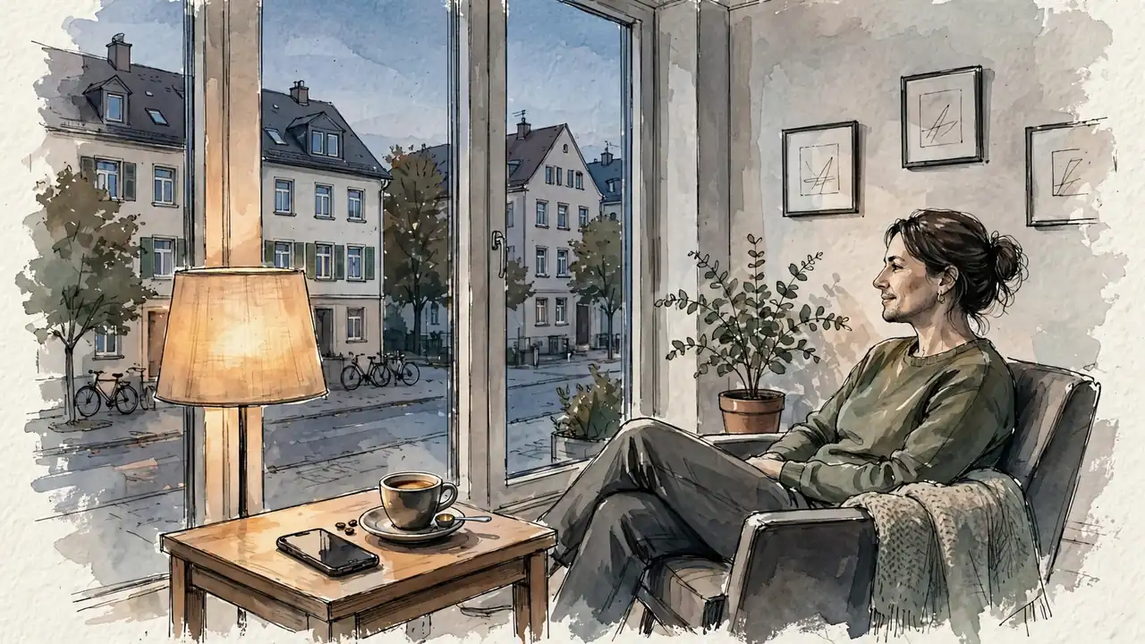 Moderne deutsche Wohnung am Abend mit warmem Licht, Smartphone auf dem Tisch, Person im Sessel.