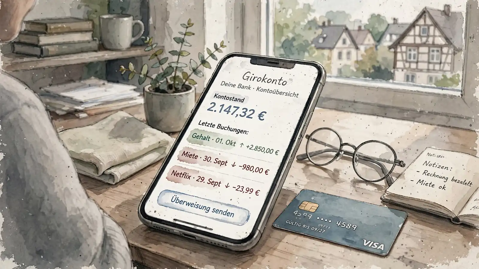 Smartphone mit Banking-App auf einem Schreibtisch neben EC-Karte
