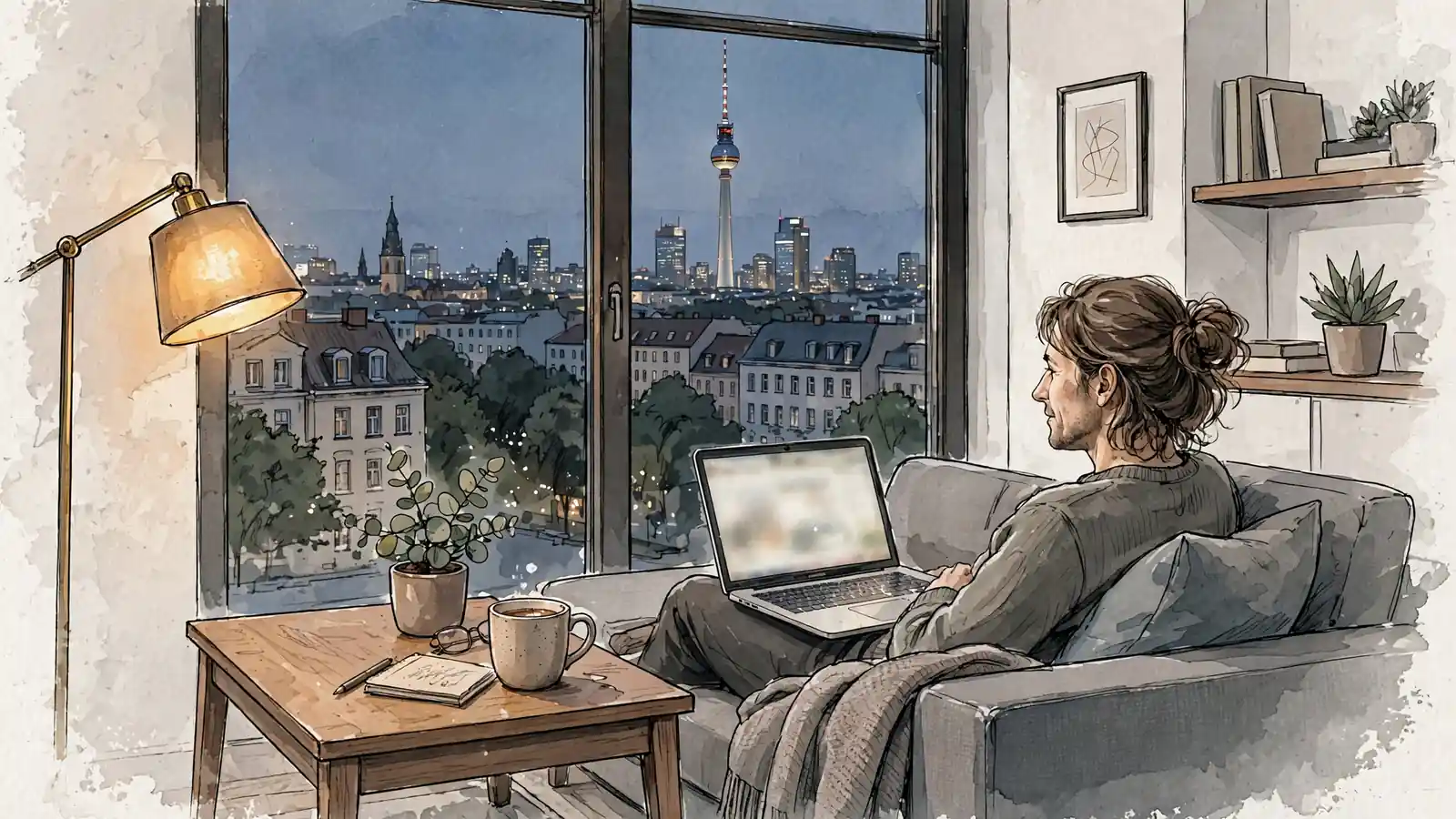 Person auf modernem Sofa in deutscher Wohnung mit Laptop bei warmem Abendlicht und Berliner Skyline im Hintergrund
