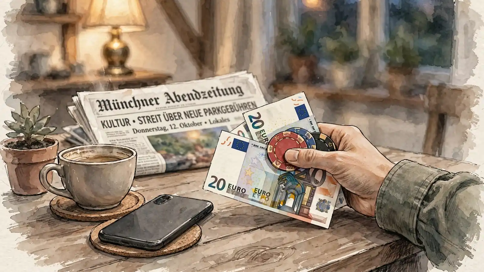Spielchips und Euro-Scheine über einem Holztisch neben einem Smartphone